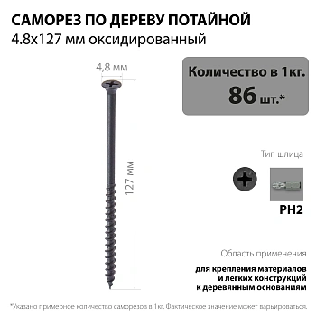 картинка Саморезы по дереву потай 4.8*127мм оксидированные от магазина Кубатура