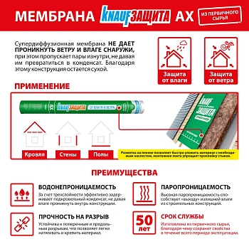 картинка Мембрана KNAUF Защита АХ супердиффузионная ветро-влагозащитная (S60м², P115г/м²) от магазина Кубатура