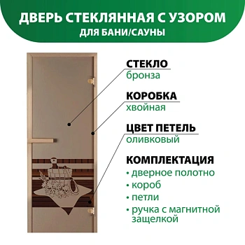 картинка Дверь из стекла бронза 690*1890мм (толщина 6мм) "Банный вечер" хвойная коробка, оливковые петли от магазина Кубатура