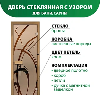 картинка Дверь из стекла бронза 690*1890мм (толщина 8мм) "Арабика" лиственная коробка, хром петли от магазина Кубатура
