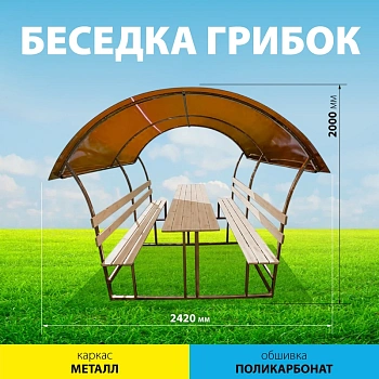картинка Беседка дачная "Грибок" 2,0*2,42м (металлический каркас, крыша из поликарбоната) от магазина Кубатура