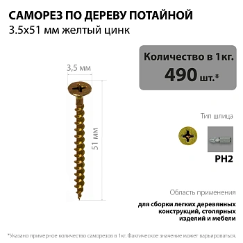картинка Саморезы по дереву потай 3.5*51мм желтый цинк от магазина Кубатура