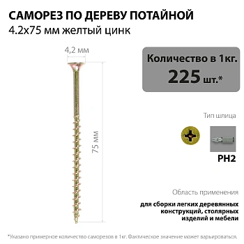 картинка Саморезы по дереву потай 4.2*75мм желтый цинк от магазина Кубатура