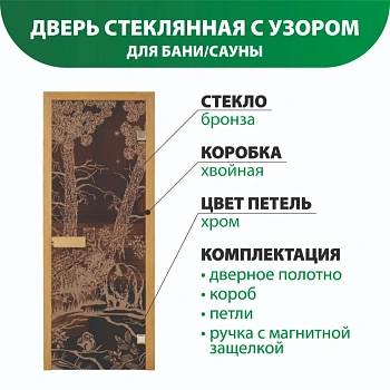 картинка Дверь из стекла бронза 690*1890мм (толщина 6мм) "Три медведя" хвойная коробка, хром петли от магазина Кубатура