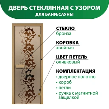 картинка Дверь из стекла бронза 690*1890мм (толщина 6мм) "Чайный декор" хвойная коробка, оливковые петли от магазина Кубатура