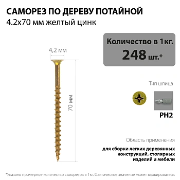 картинка Саморезы по дереву потай 4.2*70мм желтый цинк от магазина Кубатура