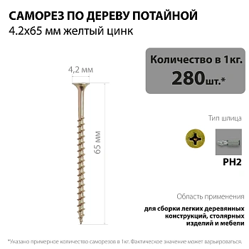 картинка Саморезы по дереву потай 4.2*65мм желтый цинк от магазина Кубатура